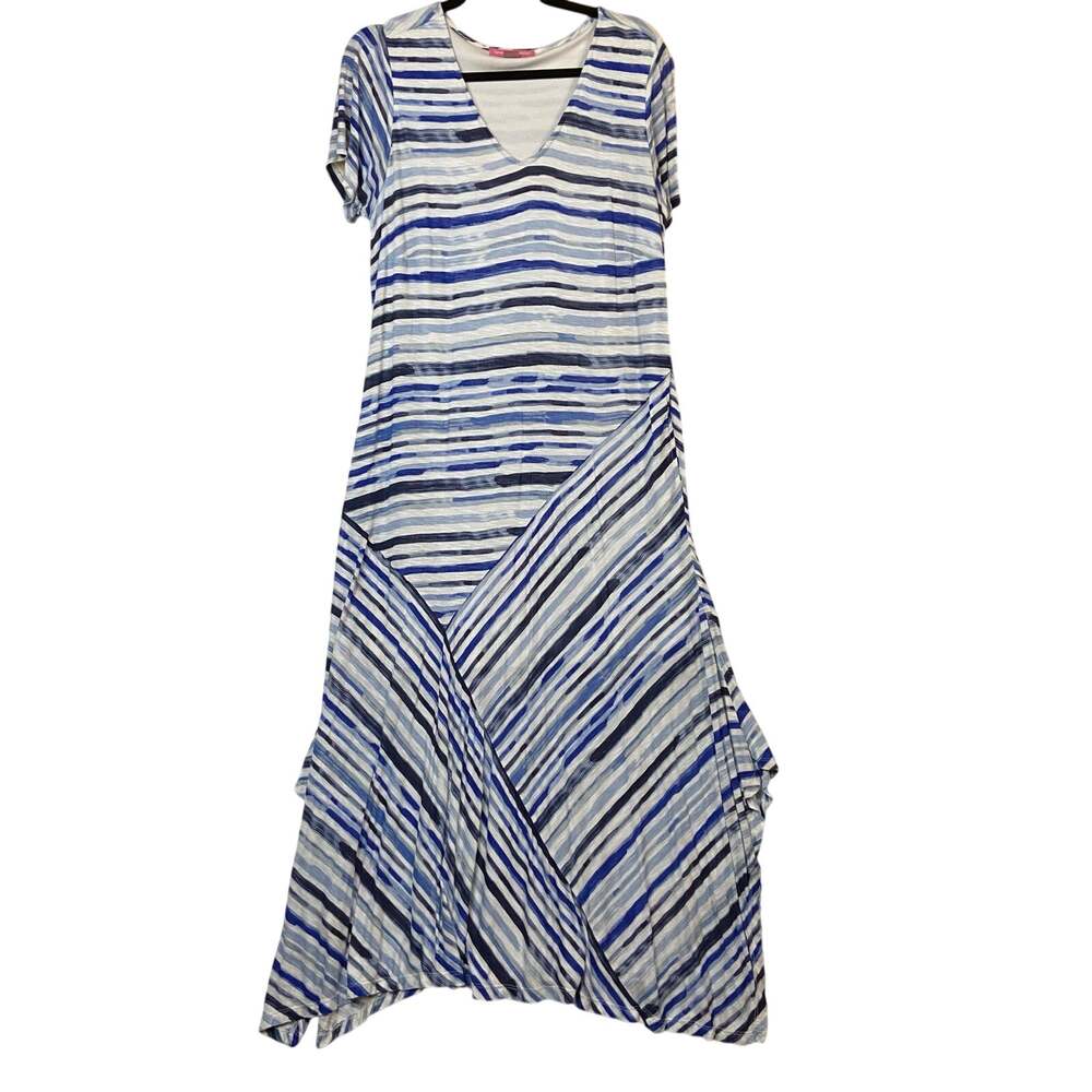 Woman Within Women's Blue Stripe V-neck Midi Dress Size 14/16 Pockets
